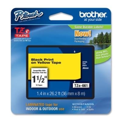 Etiqueta amarilla continua laminada Brother TZE661 - de 36 mm de ancho x 8 mts de largo. Impresión en negro. Etiqueta amarilla continua laminada Brother TZE661 - de 36 mm de ancho x 8 mts de largo. Impresión en negro.